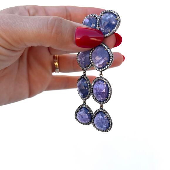 Authentic Tanzanite & Diamond Pavé Dangle Earrings Sterling Silver 14k Gold - Picture 6 of 7
